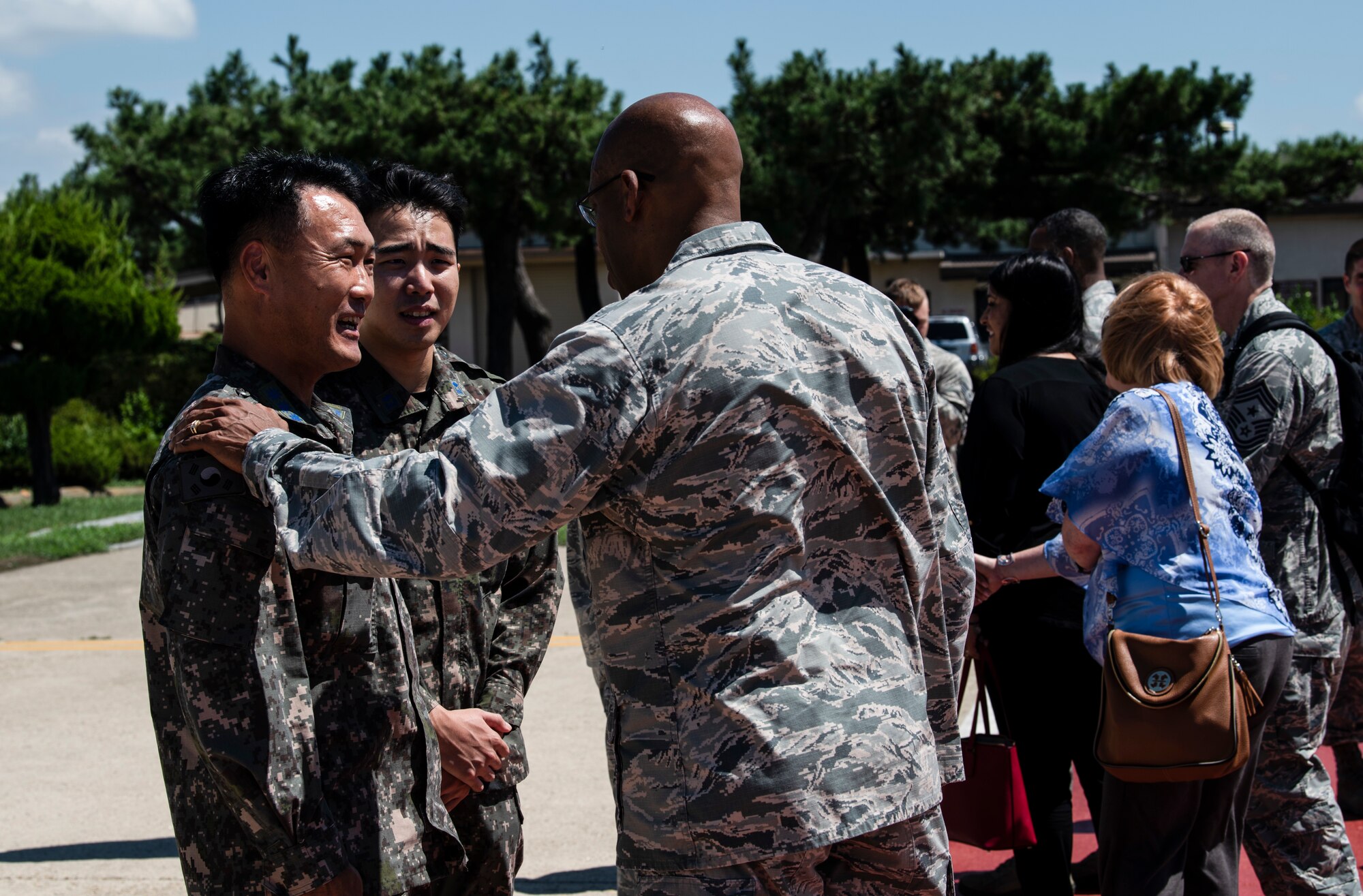 U.S. Air Force Gen. CQ Brown, Jr., Pacific Air Forces commander, converses with leadership from the Republic of Korea Air Force’s 38th Fighter Group during his visit to Kunsan Air Base, Republic of Korea, Aug. 29, 2018. Brown spoke highly of the continued U.S.-ROKAF relationship during his visit to the base. (U.S. Air Force photo by Senior Airman Stefan Alvarez)