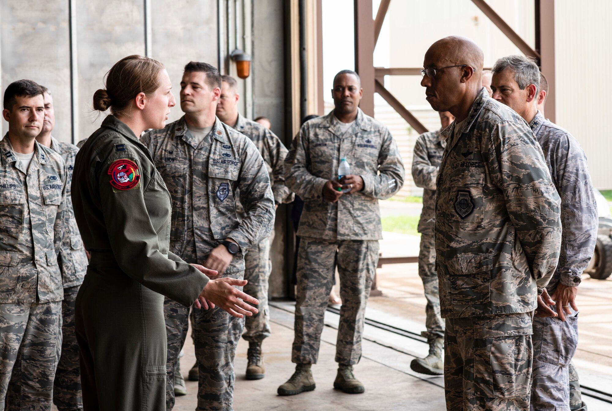 8th Maintenance Group Airmen brief U.S. Air Force Gen. CQ Brown, Jr., Pacific Air Forces commander, during a visit to Kunsan Air Base, Republic of Korea, Aug. 29, 2018. Brown had the opportunity to see firsthand how current Kunsan Airmen contribute to the fast-paced mission on the Korean Peninsula during his visit. (U.S. Air Force photo by Senior Airman Stefan Alvarez)