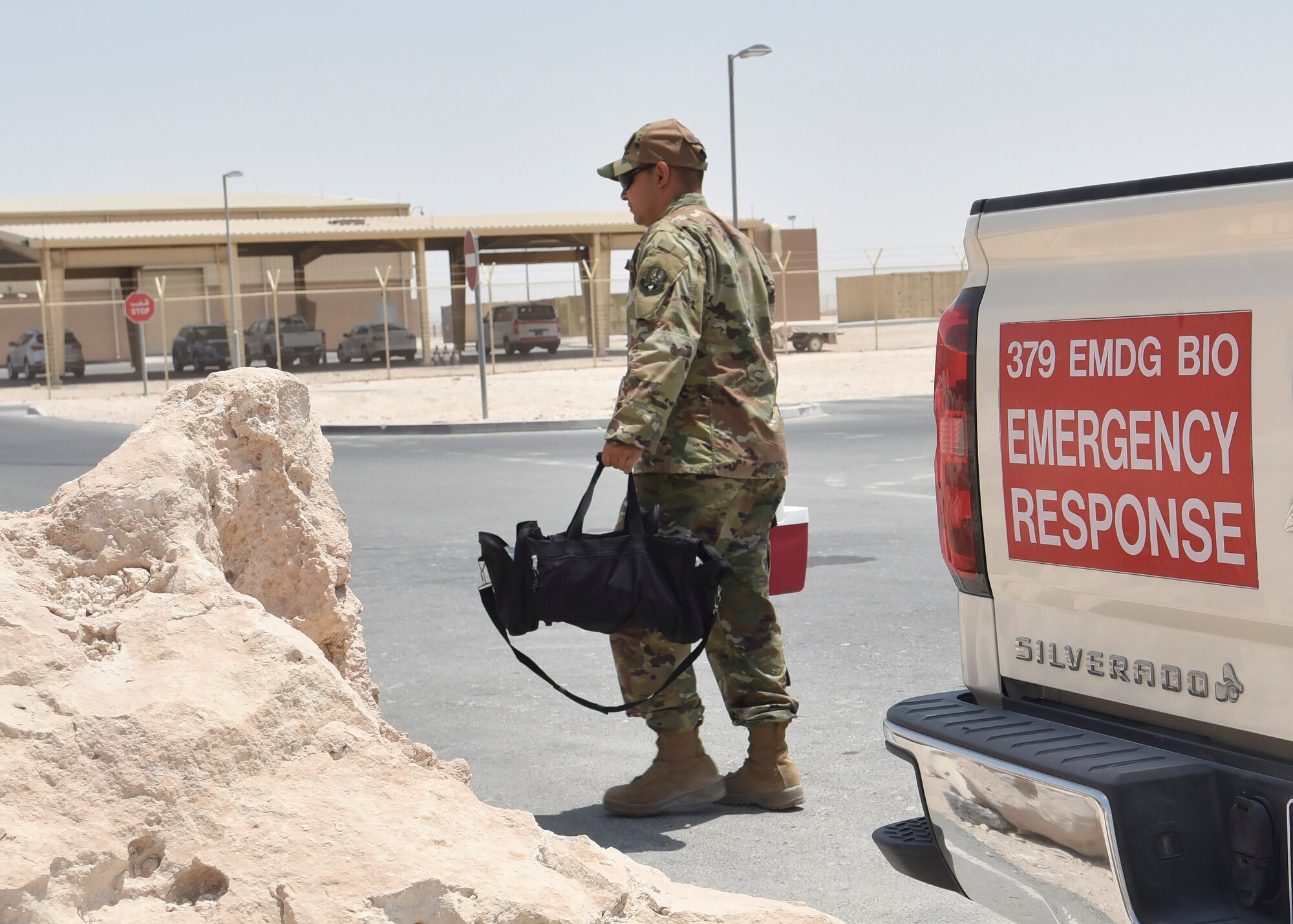 Senior Airman Mizraim Diaz-Roman, bioenvironmental water program manager, 379th Expeditionary Medical Operations Squadron, travels to various base locations to acquire water samples at Al Udeid Air Base, Qatar, August 22, 2018. Bioenvironmental is required to test installation water for a multitude of chemicals similar to the requirements of the United States Environmental Protection Agency. (U.S. Air Force photo by Staff. Sgt. Enjoli Saunders)