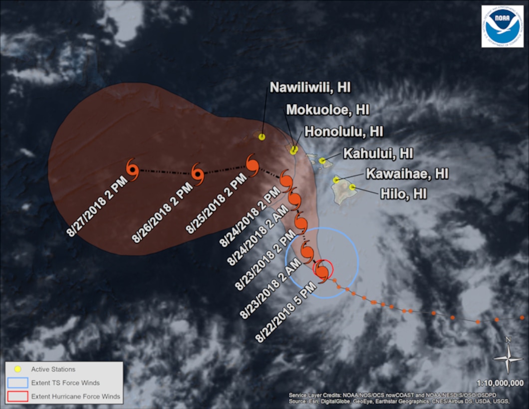 Satellite view of hurricane with HI locations labeled