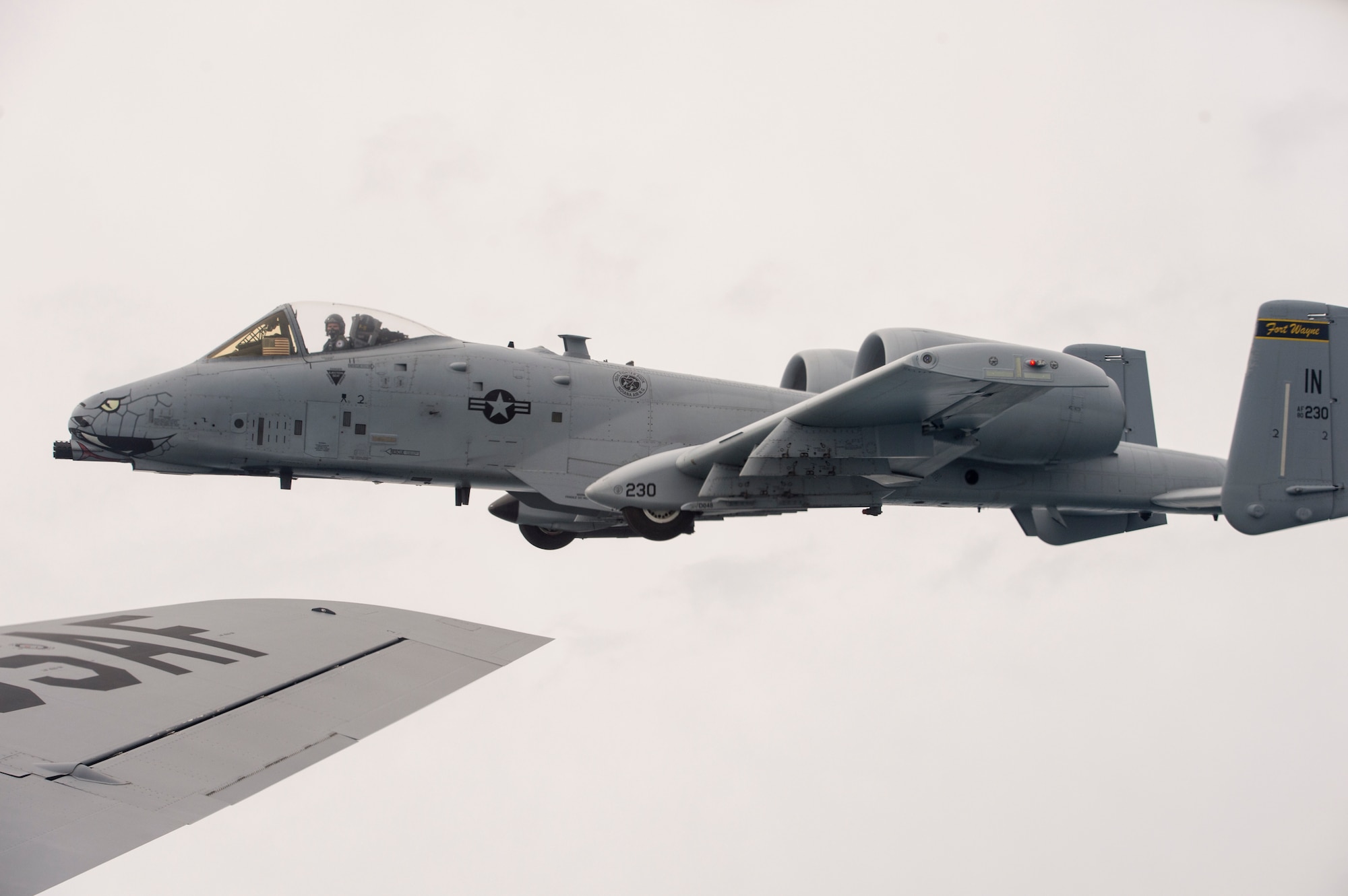 An A-10 Warthog flown by Lt. Col. Curt Martin, a pilot from the 122nd Fighter Wing, Fort Wayne, Ind., flies off the wing of a KC-135R Stratotanker from the 434th Air Refueling Wing at Grissom, Ind. during an Indiana Employer Support of the Guard and Reserve event Aug. 24, 2018. More than 60 people, nominated by Guard and Reserve members from the 434th ARW, the 122th FW, and the 181st Intelligence Wing in Terre Haute Ind., had a hands-on tour of the base that concluded with an air refueling mission. (U.S. Air Force Photo/Staff Sgt. Christopher Massey)