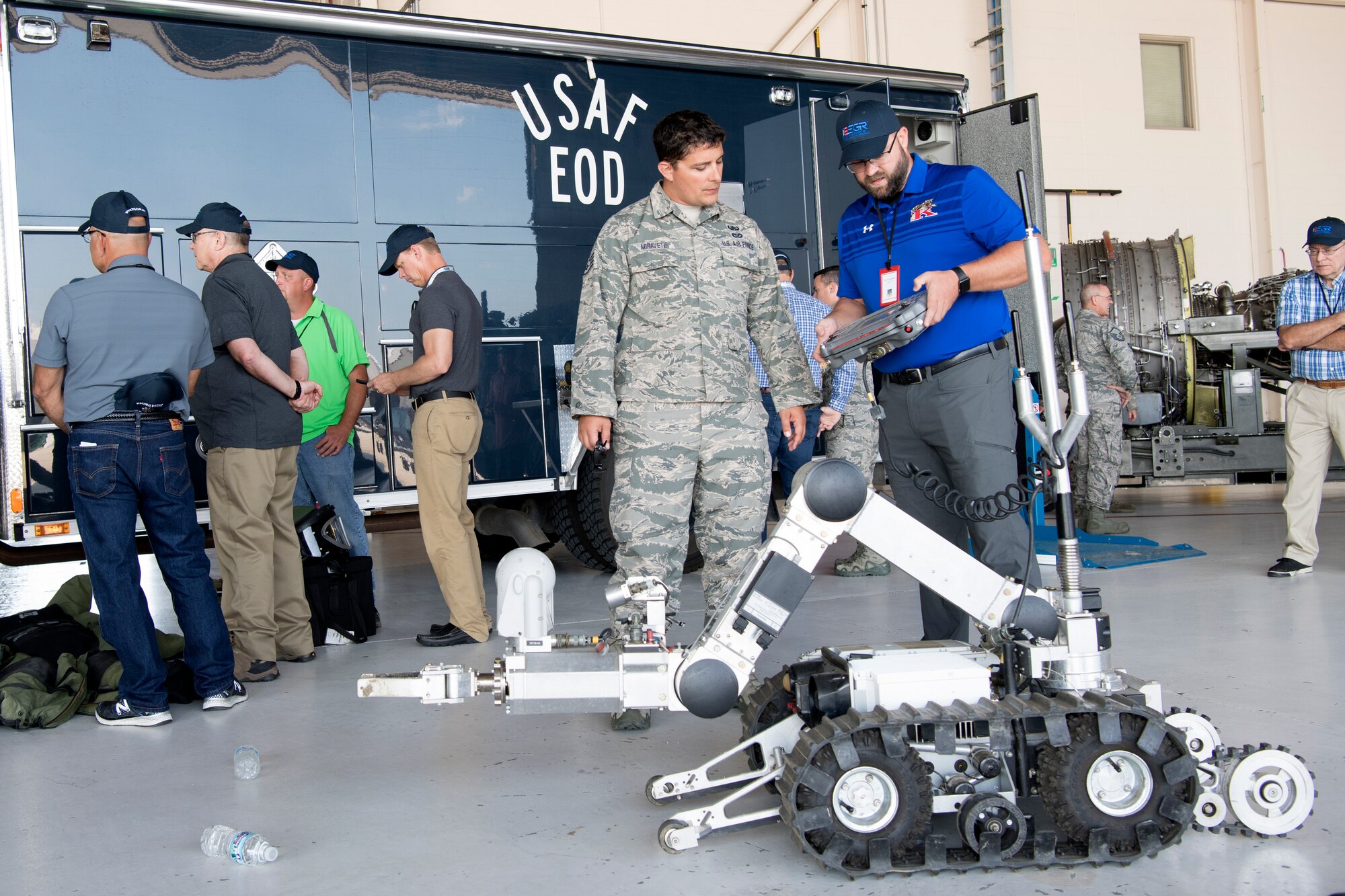 Travis Cunningham, a civilian employer, operates a robot used by 434th Civil Engineer Squadron explosives ordnance disposal technicians to examine and render safe potential explosive threats during a tour at Grissom Air Reserve Base, Ind., Aug. 23, 2018. Employers were nominated by Guard and Reserve members from the 434th Air Refueling Wing, 122nd Fighter Wing in Fort Wayne, Ind., 181st Intelligence Wing in Terre Haute, Ind., and the Indiana ESGR to participate in a two-day tour and boss lift flight to educate and show appreciation of their support of the reserve Citizen Airmen they employ. (U.S. Air Force Photo/Tech. Sgt. Benjamin Mota)