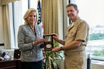 Lisa E. Gordon-Hagerty, the under secretary for Nuclear Security of the U.S. Department of Energy and administrator of the National Nuclear Security Administration (NNSA), presents U.S. Navy Vice Adm. David Kriete, the deputy commander of U.S. Strategic Command, with the Administrator’s Distinguished Service Silver award during a ceremony at NNSA headquarters in Washington, D.C., Aug. 17, 2018.  Kriete received the award for his exceptional service as the Director of Strategic Capabilities Policy at the National Security Council from July 2016 to March 2018.