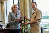 Lisa E. Gordon-Hagerty, the under secretary for Nuclear Security of the U.S. Department of Energy and administrator of the National Nuclear Security Administration (NNSA), presents U.S. Navy Vice Adm. David Kriete, the deputy commander of U.S. Strategic Command, with the Administrator’s Distinguished Service Silver award during a ceremony at NNSA headquarters in Washington, D.C., Aug. 17, 2018.  Kriete received the award for his exceptional service as the Director of Strategic Capabilities Policy at the National Security Council from July 2016 to March 2018.