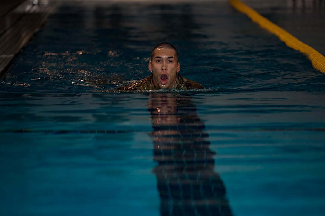 Staff Sgt. Jermaine Capalos, 15th Air Support Operations Squadron Tactical Air Control Party specialist, from Fort Stewart, Ga., gasps for air during a water confidence test for a Pre-Ranger Assessment Course, Aug. 24, 2018, at Moody Air Force Base, Ga. Moody’s 93d Air Ground Operations Wing hosted the three-day assessment which challenged approximately 20 Airmen from the 93d AGOW and 23d Wing on their physical fitness, land navigation skills, leadership qualities, water confidence and academic and tactical abilities under duress. The evaluation is designed to determine whether Airmen are ready to attend the Air Force Ranger Assessment Course held at Fort Bliss, Texas. (U.S. Air Force photo by Senior Airman Greg Nash)