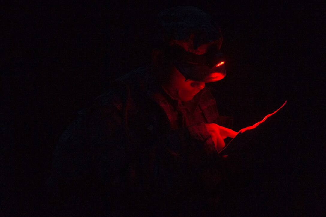 Tech. Sgt. Jose Obregon, 347th Operations Support Squadron independent duty medical technician, reviews coordinates during a land navigation assessment as part of a Pre-Ranger Assessment Course, Aug. 25, 2018, at Moody Air Force Base, Ga. Moody’s 93d Air Ground Operations Wing hosted the three-day assessment which challenged approximately 20 Airmen from the 93d AGOW and 23d Wing on their physical fitness, land navigation skills, leadership qualities, water confidence and academic and tactical abilities under duress. The evaluation is designed to determine whether Airmen are ready to attend the Air Force Ranger Assessment Course held at Fort Bliss, Texas. (U.S. Air Force photo by Senior Airman Greg Nash)