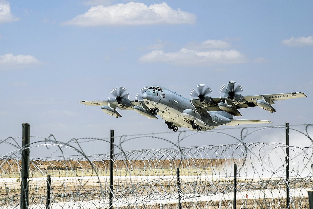 A Marine Corps C-130 Hercules departs from an undisclosed location. DLA Aviation, headquartered in Richmond, Virginia, manages tens of thousands of parts associated with the plane.