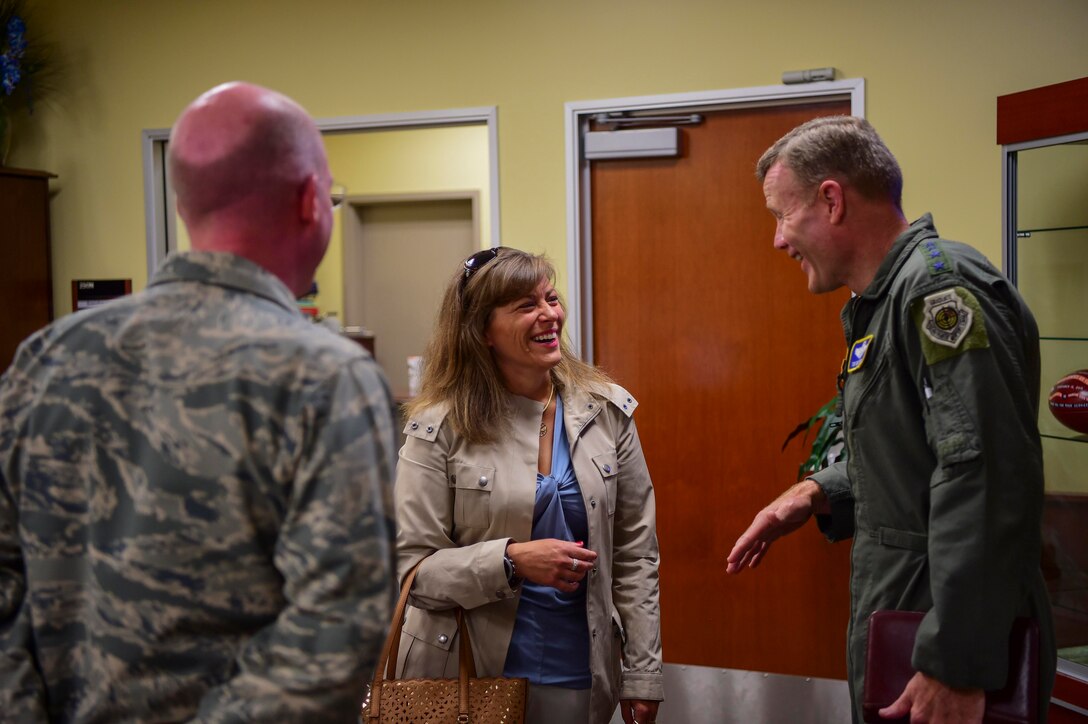 Gen. Tod D. Wolters, U.S. Air Forces in Europe and Air Forces Africa commander, converses with Tammy Endicott, 460th Space Wing commander’s spouse, Aug. 8, 2018, on Buckley Air Force Base, Colorado.