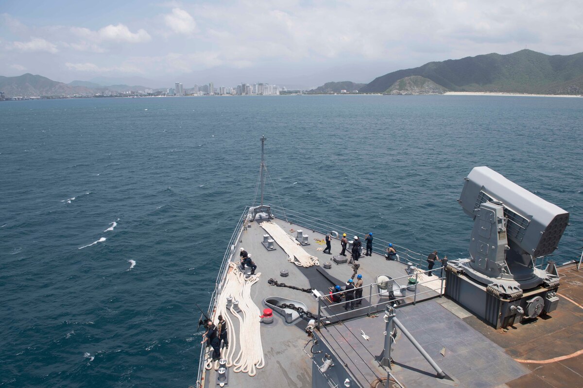 USS Gunston Hall pulls in to Santa Marta, Colombia for a scheduled port visit.