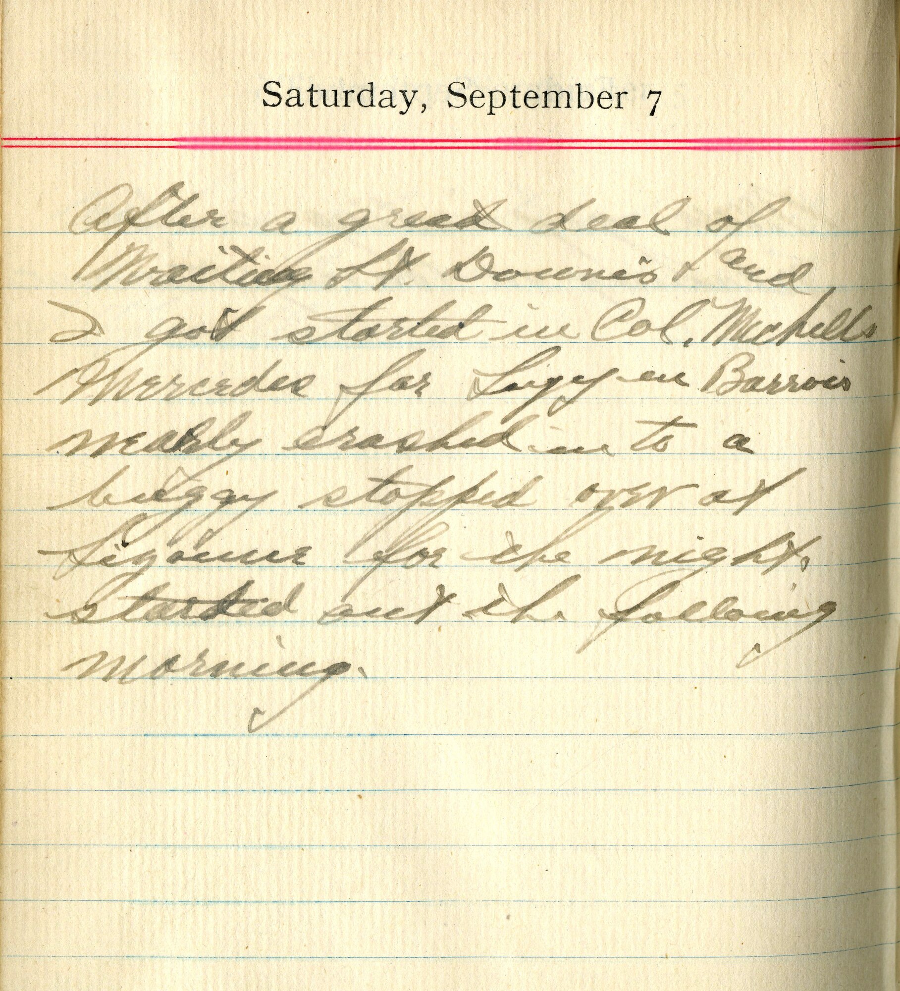 After a great deal of waiting Lt. Downes and I got started in Col. Mitchell’s Mercedes for Ligny-en-Barrois, nearly crashed into a buggy stopped over at [illegible] for the night.  Started out the following morning.