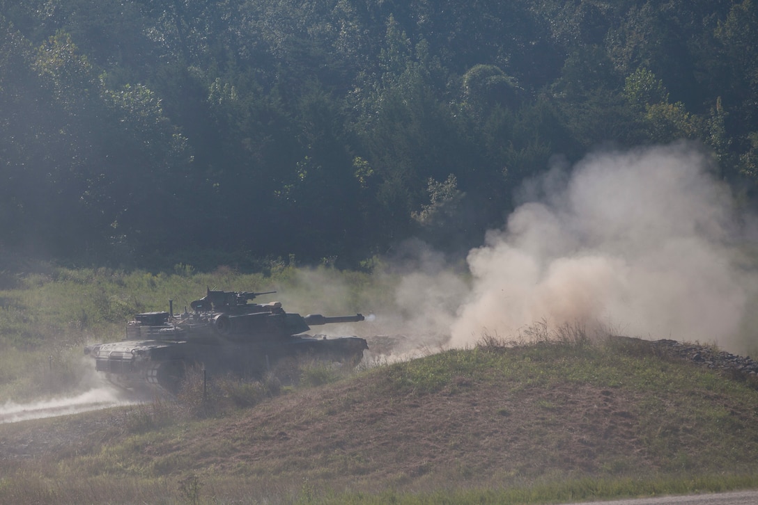 A crew of Marines from 4th Tank Battalion drive onto Wilcox range to compete in the 15th annual Tiger Competition, Aug. 28, 2018 in Fort Knox, Kentucky. The competition highlights the critical and quick-reacting combat skills of the participating battalions. (U.S. Marine Corps photo by Lance Cpl. Tessa D. Watts)