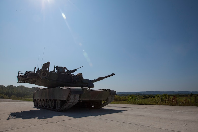 A crew of Marines from 4th Tank Battalion leave Wilcox range after competing in the 15th annual Tiger Competition, Aug. 28, 2018 in Fort Knox, Kentucky. The competition highlights the critical and quick-reacting combat skills of the participating battalions. (U.S. Marine Corps photo by Lance Cpl. Tessa D. Watts)