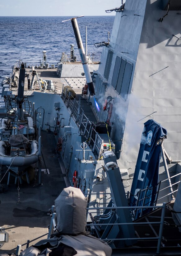 IMAGE: 180710-N-LI768-1070 PACIFIC OCEAN (July 10, 2018) – The guided-missile destroyer USS Dewey (DDG 105) launches an electronic decoy cartridge from an MK-234 Nulka Decoy Launching System while underway participating in Rim of the Pacific (RIMPAC) exercise 2018. Twenty-five nations, 46 ships, five submarines, about 200 aircraft, and 25,000 personnel are participating in RIMPAC from June 27 to Aug. 2 in and around the Hawaiian Islands and Southern California. The world's largest international maritime exercise, RIMPAC provides a unique training opportunity while fostering and sustaining cooperative relationships among participants critical to ensuring the safety of sea lanes and security of the world's oceans. RIMPAC 2018 is the 26th exercise in the series that began in 1971. (U.S. Navy photo by Mass Communication Specialist 2nd Class Devin M. Langer/Released)