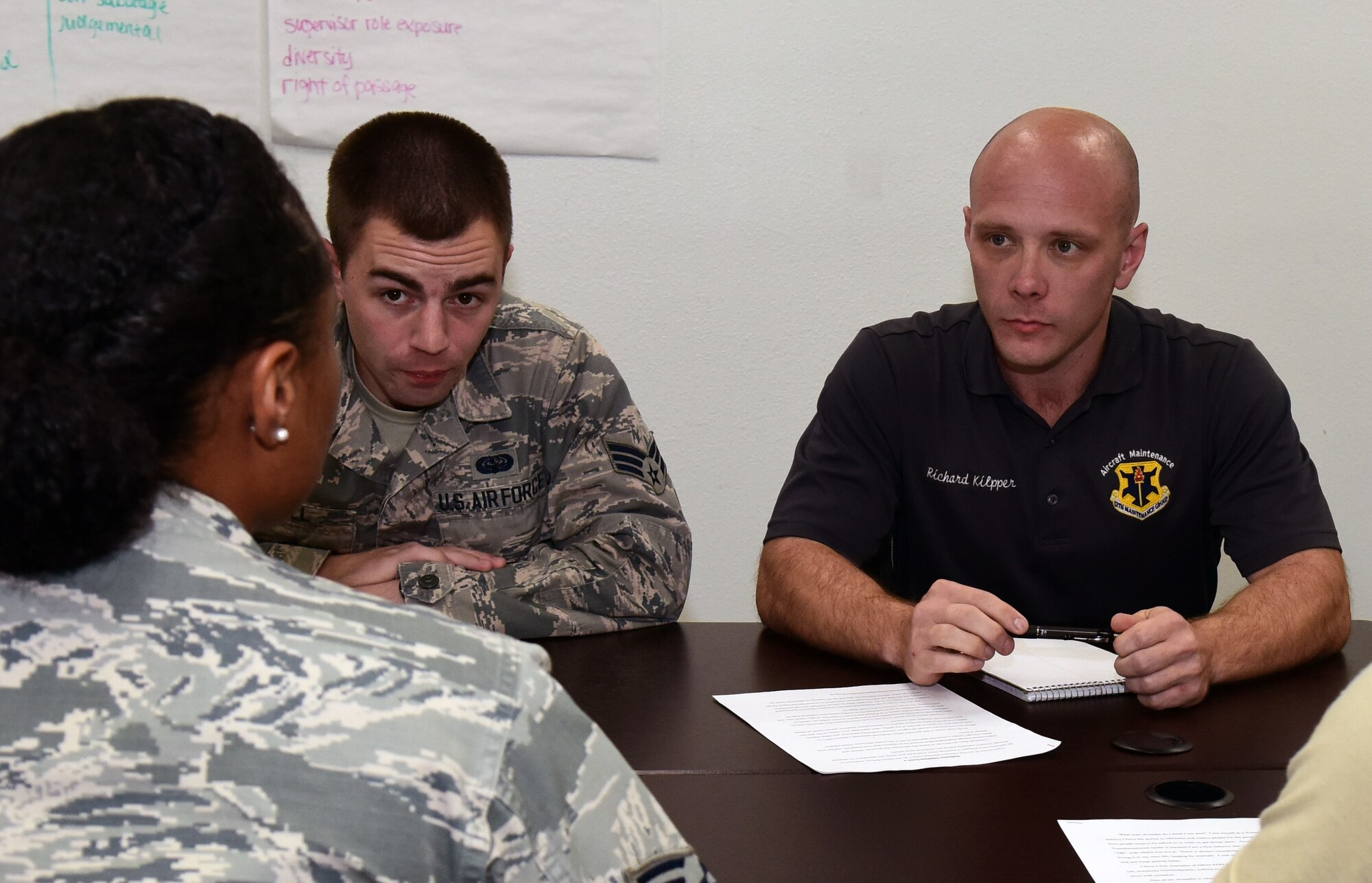 Richard Kilpper, a 12th Maintenance Group aircraft engine quality assurance inspector at JBSA-Randolph talks to Airman Leadership School classmates Aug. 29, 2018.