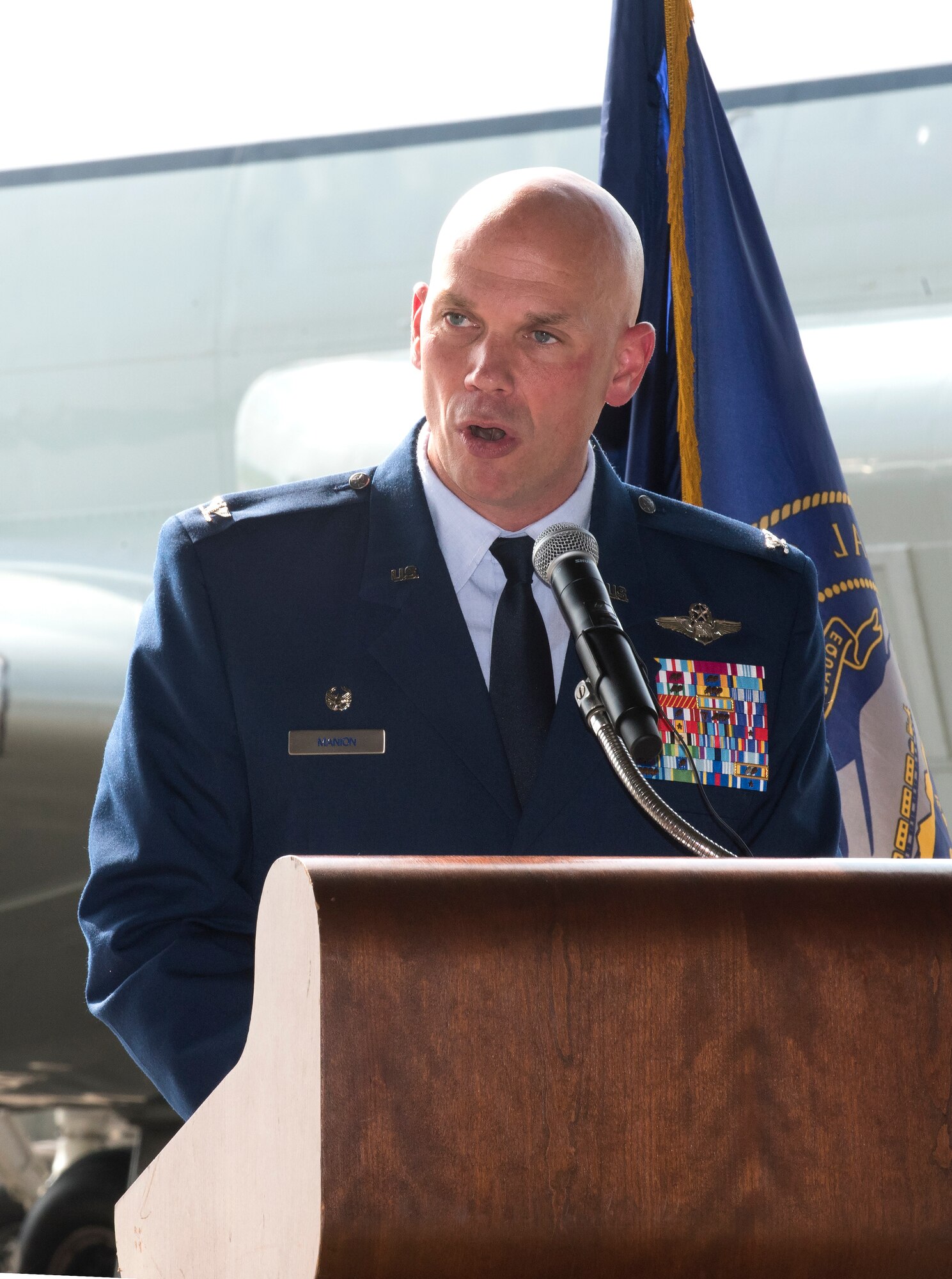 Col. Michael Manion, 55th Wing commander, provides remarks August 28, 2018 inside an aircraft hangar at Offutt AFB, Nebraska during an event celebrating a more than $1 million investment by the U.S. Department of Defense to STEM education in the Bellevue Public Schools system, which is the nearest community to Offutt AFB. The award is part of the National Math and Science Initiative that promotes STEM education at more than 200 U.S. schools that have significant enrollment among military-connected students. (U.S. Air Force photo by Delanie Stafford)