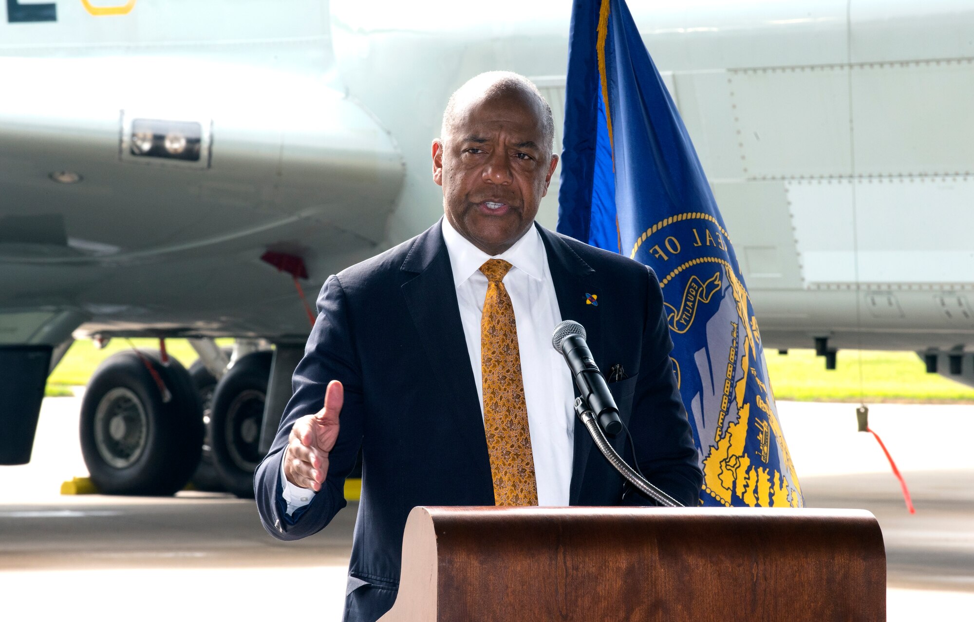 Dr. Bernard Harris, CEO, National Math and Science Initiative, provides remarks August 28, 2018 inside an aircraft hangar at Offutt AFB, Nebraska during an event celebrating a more than $1 million investment by the U.S. Department of Defense to STEM education in the Bellevue Public Schools system, which is the nearest community to Offutt AFB. The award is part of the National Math and Science Initiative that promotes STEM education at more than 200 U.S. schools that have significant enrollment among military-connected students. Dr. Harris is a former NASA astronaut who became the first African American to perform a spacewalk while participating in his second of two Space Shuttle flights. (U.S. Air Force photo by Delanie Stafford)