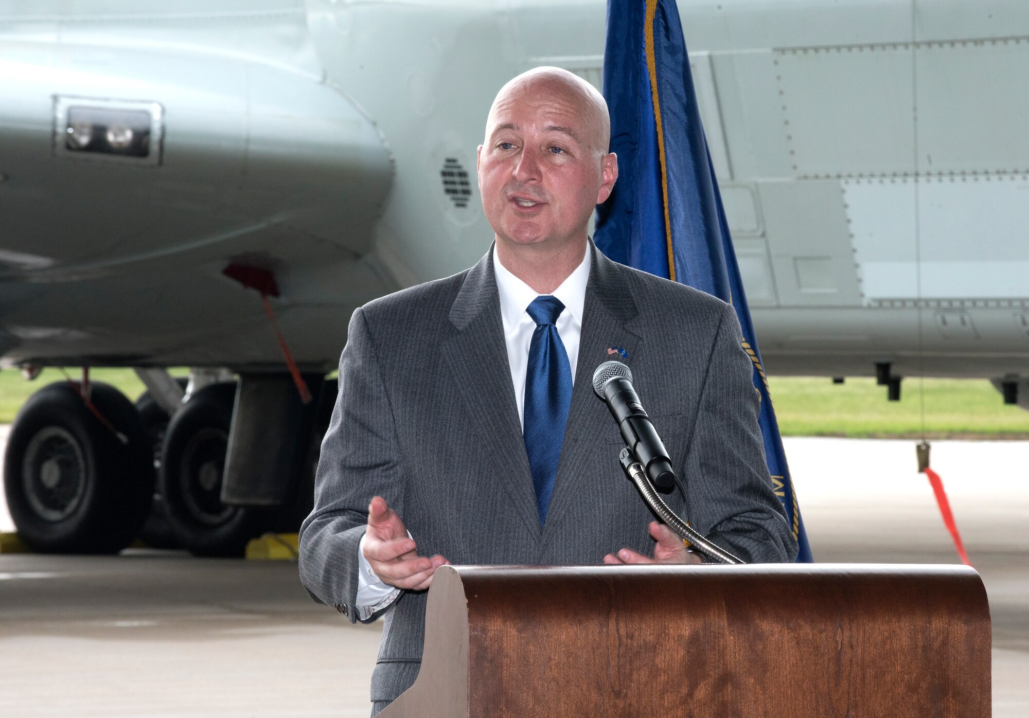 Nebraska Gov. Pete Ricketts provides remarks August 28, 2018 inside an aircraft hangar at Offutt AFB, Nebraska during an event celebrating a more than $1 million investment by the U.S. Department of Defense to STEM education in the Bellevue Public Schools system, which is the nearest community to Offutt AFB. The award is part of the National Math and Science Initiative that promotes STEM education in more than 200 U.S. schools that have significant enrollment among military-connected students. (U.S. Air Force photo by Delanie Stafford)
