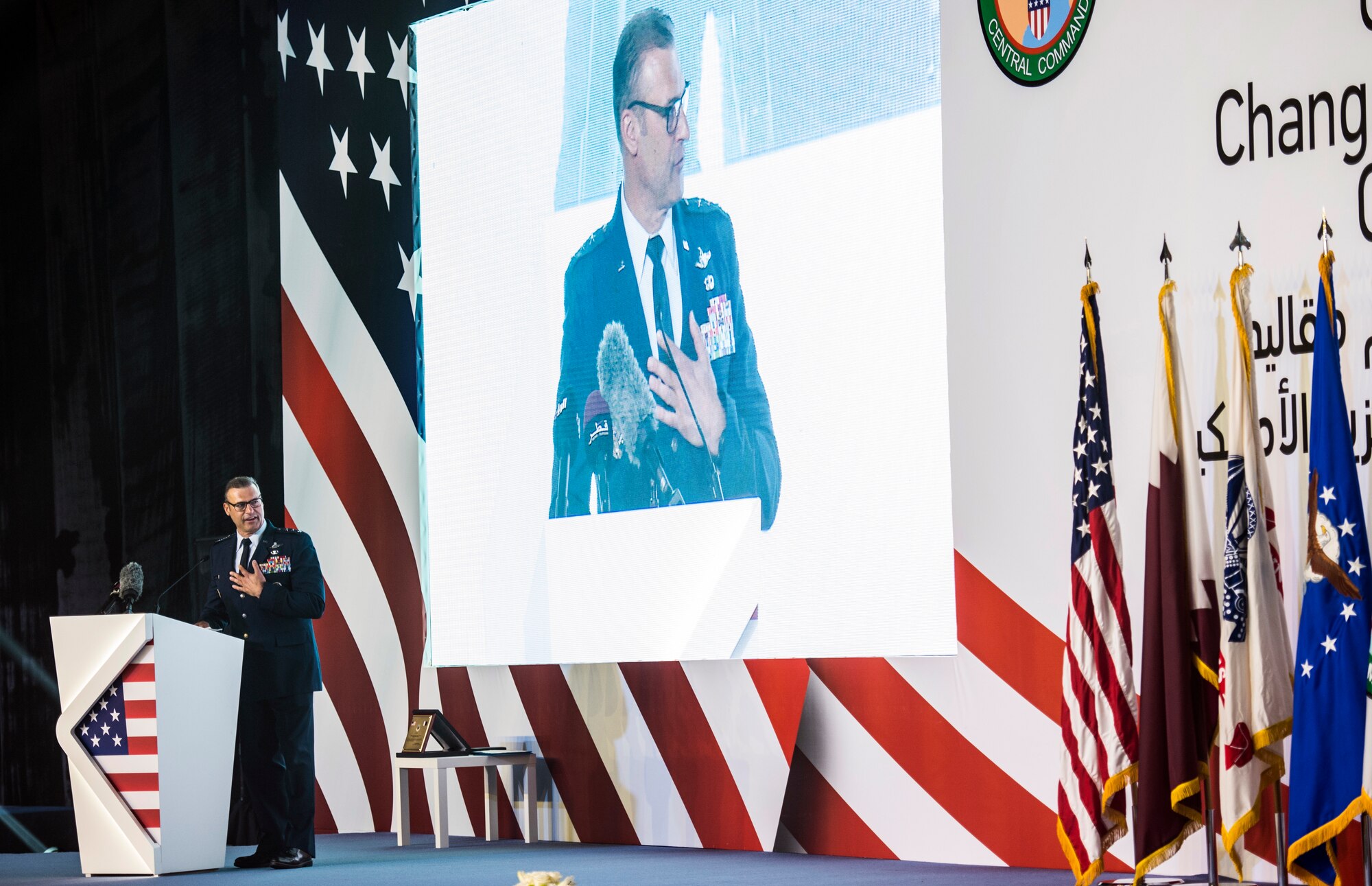 U.S. Air Force Lt. Gen. Joseph T. Guastella Jr., Commander of U.S. Air Forces Central Command (AFCENT), speaks to attendees at a change of command ceremony at Al Udeid Air Base, Qatar, Aug. 30, 2018. Guastella is a command pilot and has accumulated more than 4,000 flying hours, including 1,000 combat hours in the F-16C/D and the A-10C. AFCENT is headquarters at Shaw Air Force Base, South Carolina, and has a forward headquarters at Al Udeid Air Base Qatar. As the air unilaterally or in concert with coalition partners, and for developing contingency plans in support of national objectives for CENTCOM’s 20-nation AOR in Southwest Asia. (U.S. Air Force photo by Staff Sgt. Keith James)