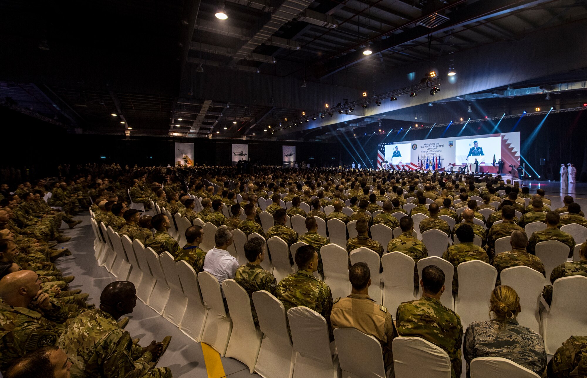 U.S. Air Force Lt. Gen. Joseph T. Guastella Jr., Commander of U.S. Air Forces Central Command (AFCENT), speaks to attendees at a change of command ceremony at Al Udeid Air Base, Qatar, Aug. 30, 2018. As the Combined Force Air Component Commander for U.S. Central Command, Guastella is responsible for developing contingency plans and conducting air operations in a 20-nation area of responsibility covering Central and Southwest Asia. Guastella was previously the Director of Integrated Air, Space, Cyberspace and Intelligence, Surveillance and Reconnaissance Operations at Air Force Space Command at Peterson Air Force Base, Colorado. (U.S. Air Force photo by Staff Sgt. Keith James)