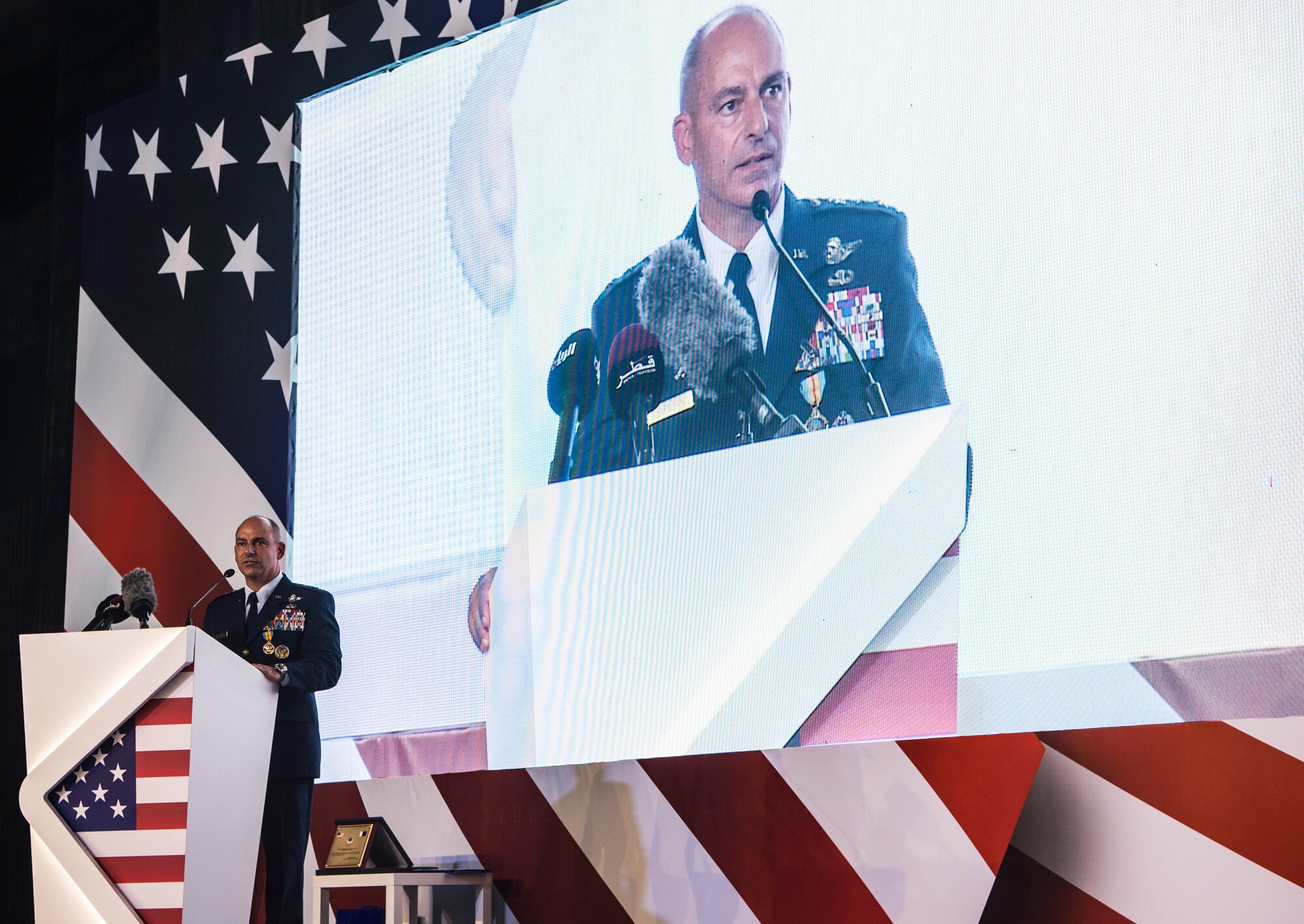 U.S. Air Force Lt. Gen. Jeffrey L. Harrigian, outgoing Commander of U.S. Air Forces Central Command (AFCENT), speaks to attendees at a change of command ceremony at Al Udeid Air Base, Qatar, Aug. 30, 2018. Harrigian served as the AFCENT Commander and Combined Force Air Component Commander beginning in July 2016, and led U.S. and Coalition air operations against ISIS as part of Operation Inherent Resolve in Iraq and Syria and against the Taliban and terrorist networks in Afghanistan as part of Operation Freedom�s Sentinel and the NATO Resolute Support mission in Afghanistan. His next assignment will be as the Deputy Commander, U.S. Air Forces in Europe-Air Forces Africa, at Ramstein Air Base, Germany. (U.S. Air Force photo by XYZ/123)