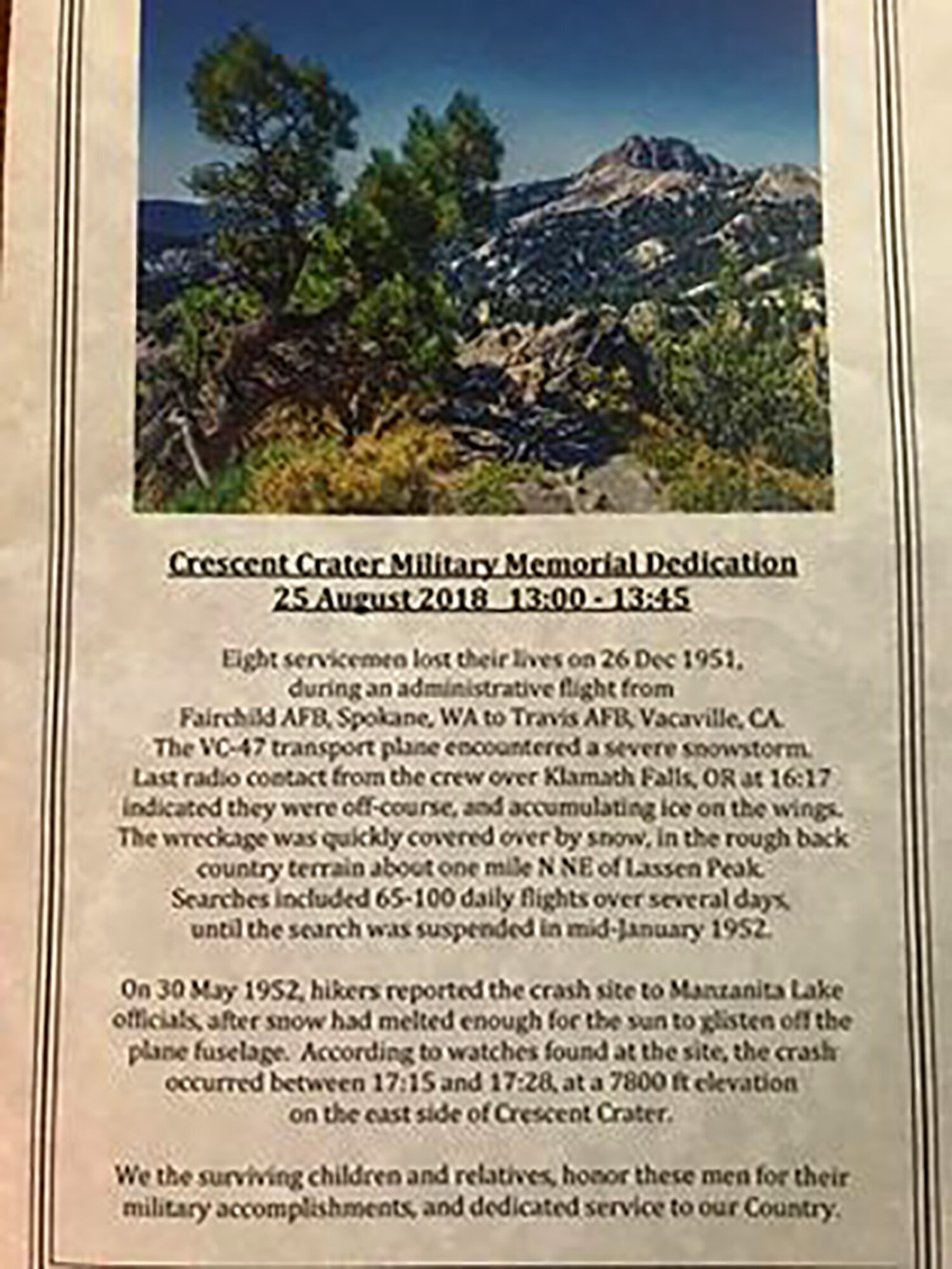 Maj. Jason Vallot, 1st Lt. Yvette Queen, 349th Air Mobility Wing, and U.S. Navy Lt. Commander Timothy Frantz, joined family members  for a memorial dedication ceremony, Aug. 25, 2018 Crescent Crater, Mt. Lassen National Park, Calif.