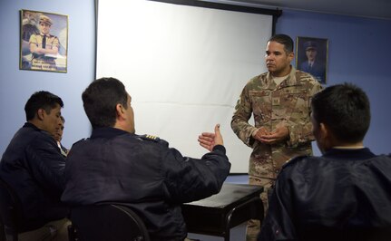 Tech. Sgt. Carlos Martinez-Hernandez, 571st Mobility Support Advisory Squadron, guides a discussion in the aircraft maintenance leadership course at Las Palmas Air Base in Lima, Peru. The course served as an avenue for cross-talk and sharing of best practices between different aircraft maintenance units. (courtesy photo)