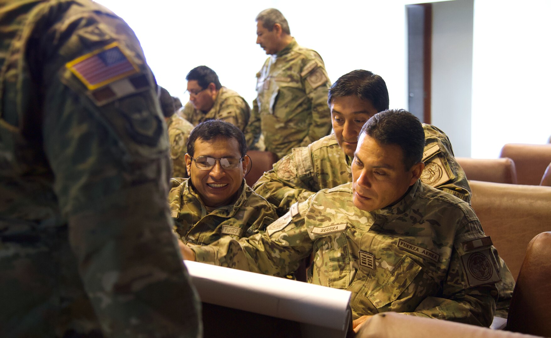 Peruvian air force students participate in a training exercise during the cargo and passenger processing leadership course. Throughout the training, the goal was to encourage critical thinking that leads to long-term institutional change. (courtesy photo)