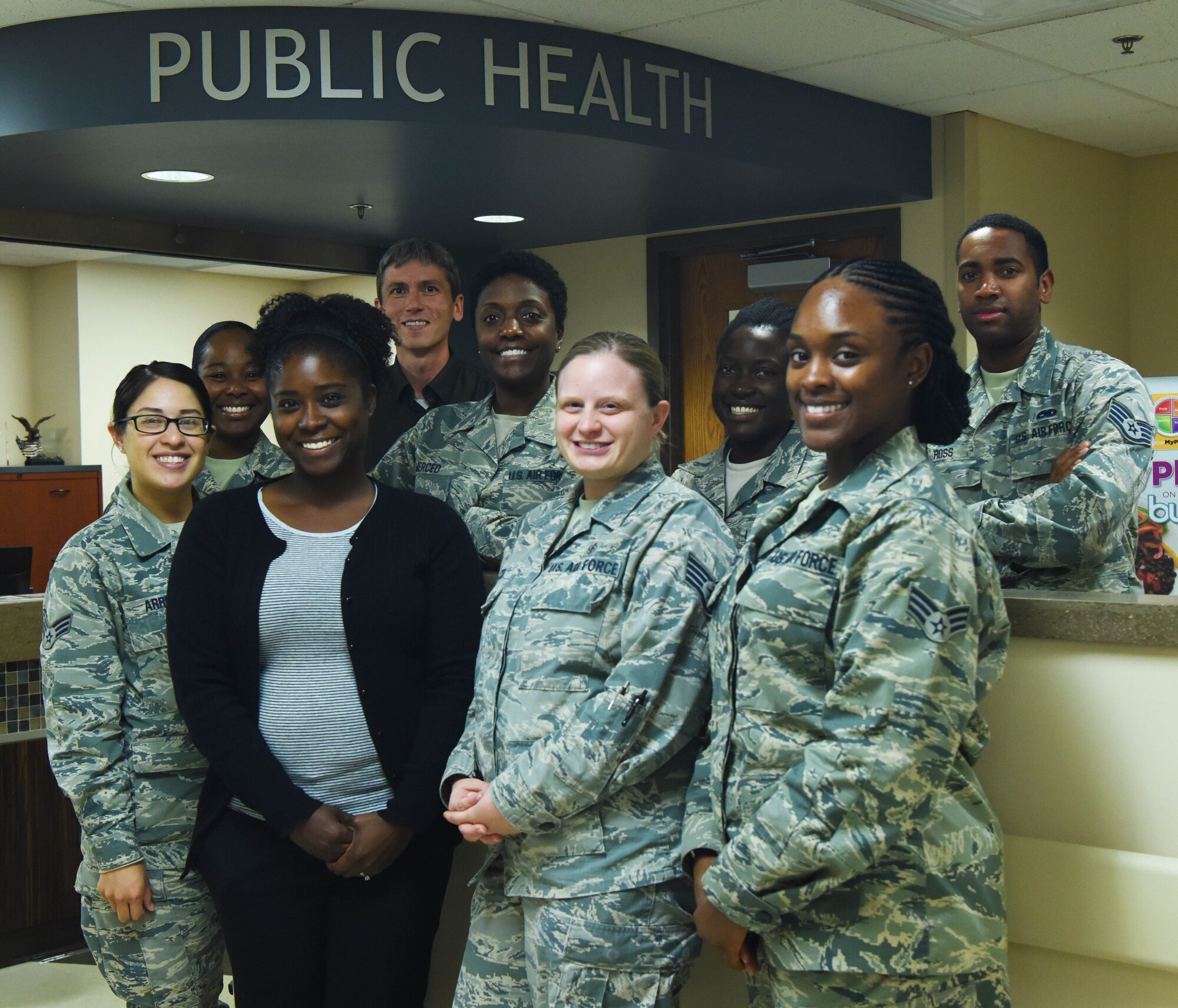 Members assigned to the 28th Medical Group public health flight stand in front of their office at Ellsworth Air Force Base, S.D., Aug. 28, 2018. The public health flight continuously captures local mosquito samples that are sent out and analyzed for diseases by the U.S. Air Force School of Aerospace Medicine at Wright-Patterson AFB, Ohio. (U.S. Air Force photo by Airman 1st Class Thomas Karol)