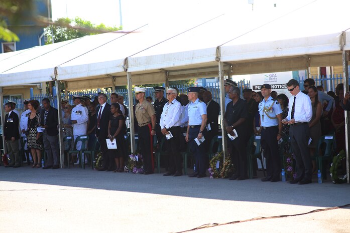 U.S. Marines, Sailors, Coast Guardsmen and members of the Solomon Island government honor the memory of U.S. and Allied personnel killed in battle during a commemoration ceremony Aug. 7, 2018 at Honiara, Guadalcanal, Solomon Islands. The ceremony commemorated the 76th anniversary of the U.S. Marines and Allied forces landing on the island of Guadalcanal, marking the beginning of the Pacific island-hopping campaign of World War II. (Courtesy Photo)