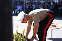 Brig. Gen. Keith D. Reventlow, commanding general of 3rd Marine Logistics Group, lays a wreath at a memorial during a ceremony Aug. 7, 2018 at Honiara, Guadalcanal, Solomon Islands. U.S. Marines and Sailors with 3rd Marine Logistics Group joined U.S. Coast Guardsmen and the members of the Solomon Island government at the ceremony to commemorate the 76th anniversary of the U.S. Marines and Allied forces landing on the island of Guadalcanal, marking the beginning of the Pacific island-hopping campaign of World War II. (Courtesy Photo)