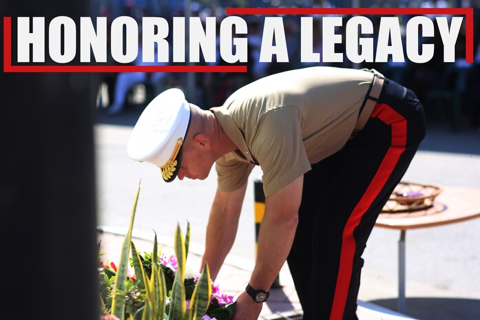 Brig. Gen. Keith D. Reventlow, commanding general of 3rd Marine Logistics Group, lays a wreath at a memorial during a ceremony Aug. 7, 2018 at Honiara, Guadalcanal, Solomon Islands. U.S. Marines and Sailors with 3rd Marine Logistics Group joined U.S. Coast Guardsmen and the members of the Solomon Island government at the ceremony to commemorate the 76th anniversary of the U.S. Marines and Allied forces landing on the island of Guadalcanal, marking the beginning of the Pacific island-hopping campaign of World War II. (Courtesy Photo)
