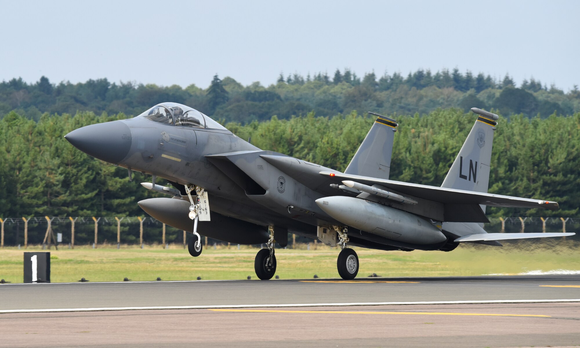 An F-15C Eagle assigned to the 493rd Fighter Squadron lands at Royal Air Force Lakenheath, England, Aug. 23, 2018. Fourteen F-15C/Ds and more than 250 personnel deployed to Keflavik Air Base, Iceland, in support of NATO’s Icelandic Air Surveillance mission and training. (U.S. Air Force photo/Staff Sgt. Alex Fox Echols III)