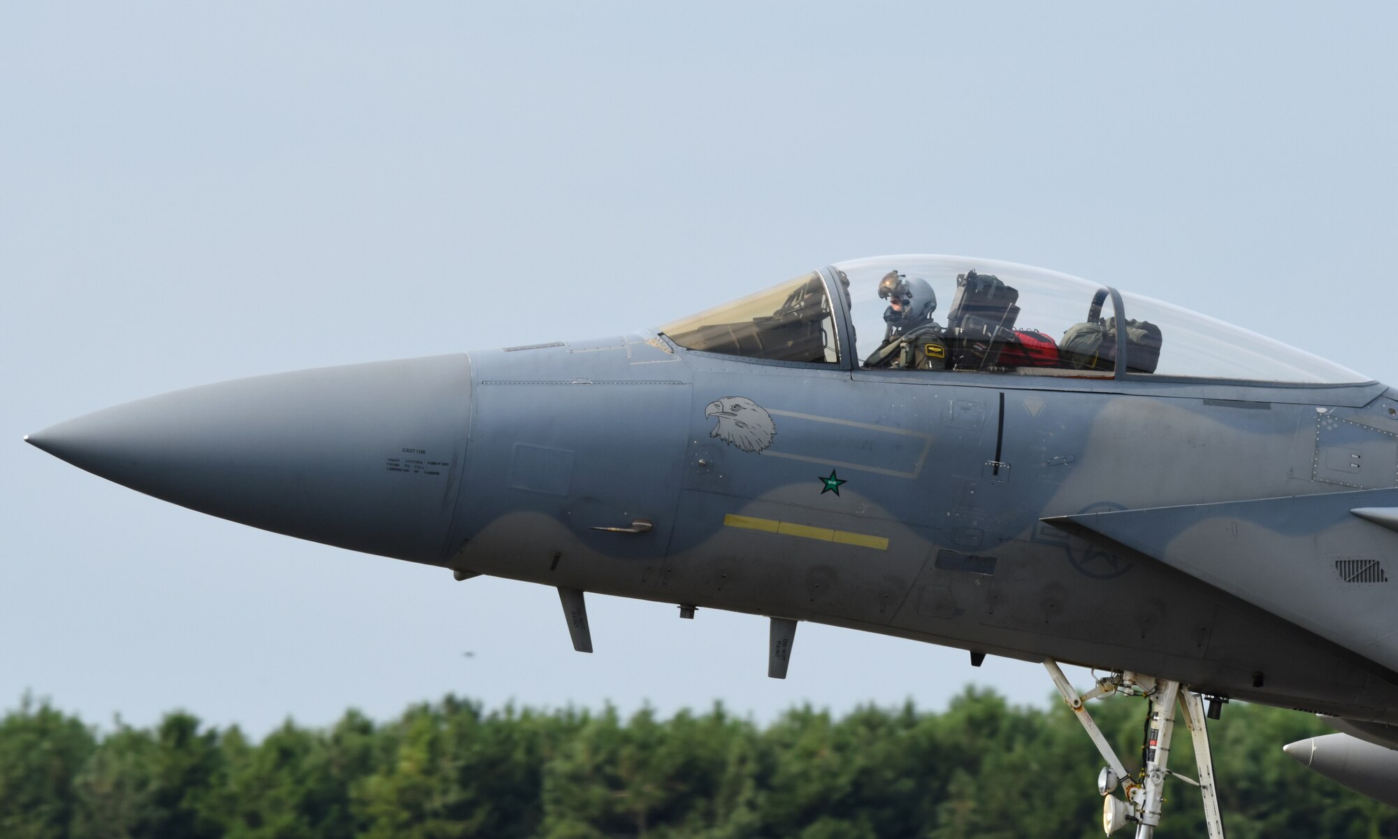 An F-15C Eagle assigned to the 493rd Fighter Squadron lands at Royal Air Force Lakenheath, England, Aug. 23, 2018. Throughout the NATO Icelandic Air Surveillance mission the squadron, designated as the 493rd Expeditionary Fighter Squadron during its deployment maintained a constant, vigilant alert status, poised to launch jets at a moment’s notice to intercept any unidentified aircraft encroaching on the protected airspace. (U.S. Air Force photo/Staff Sgt. Alex Fox Echols III)