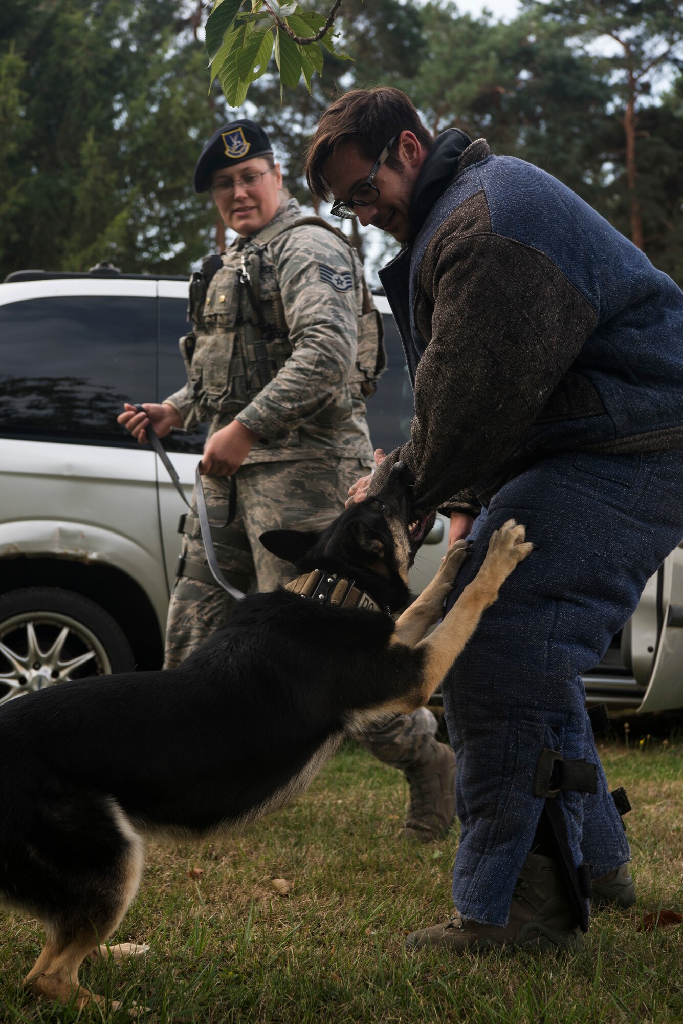 U.S. Air Force Staff Sgt. Adrienne Neuburger, 52nd Security Forces Squadron military working dog handler, left, and Staff Sgt. Michael Hensley, 52nd SFS MWD trainer, right, conduct vehicle extraction training with Tina, a MWD, at Spangdahlem Air Base, Germany, Aug. 28, 2018. MWDs are used to extract resistant suspects from vehicles. MWDs deploy worldwide to help keep Airmen and military bases safe. (U.S. Air Force photo by Airman 1st Class Valerie Seelye)