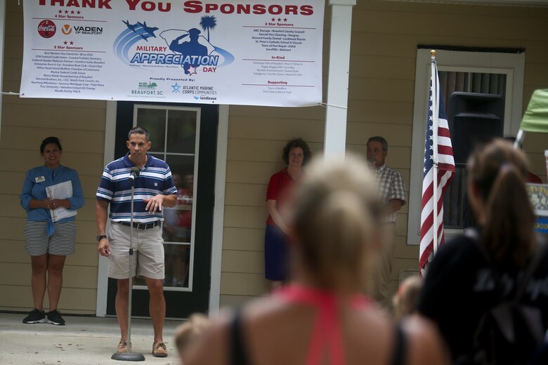 Col. Timothy P. Miller, commanding officer of Marine Corps Air Station Beaufort, speaks to attendants of a military appreciation day on Laurel Bay, Aug. 25. The event was held to foster cohesion between the Tri-command and the local community.