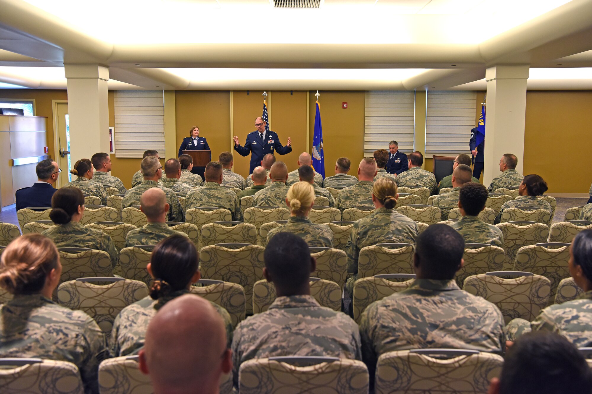 Col. Kenneth Lute addresses Airmen of the 911th Mission Support Group during an assumption of command ceremony at the Pittsburgh International Airport Air Reserve Station, Pennsylvania, Aug. 4, 2018. Lute, who has served in multiple duty locations like Hawaii, assumed command with the support of family, friends, fellow commanders, and new subordinates. (U.S. Air Force photo by Staff Sgt. Marjorie A. Bowlden)