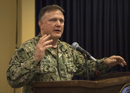 PANAMA CITY, Florida - NSWC PCD Commanding Officer Capt. Aaron S. Peters, USN, provides welcoming remarks at the 2018 Diversity Day event aboard Naval Support Activity Panama City Aug. 29, 2018. U.S. Navy photo by Eddie Green