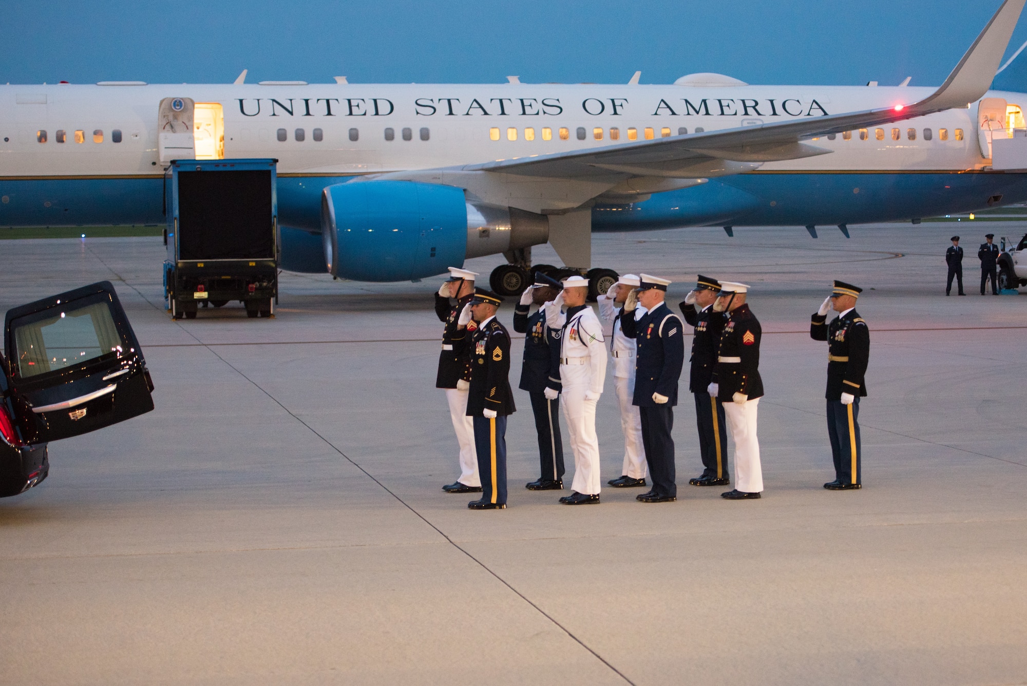 Members of the Joint Service Arrival Team salute the casket of Sen. John McCain following it's arrival at Joint Base Andrews, Md., Aug. 30, 2018. The former senator’s remains are en route to lie in state in the U.S. Capitol Rotunda. (U.S. Air Force photo by Airman 1st Class Jalene Brooks)