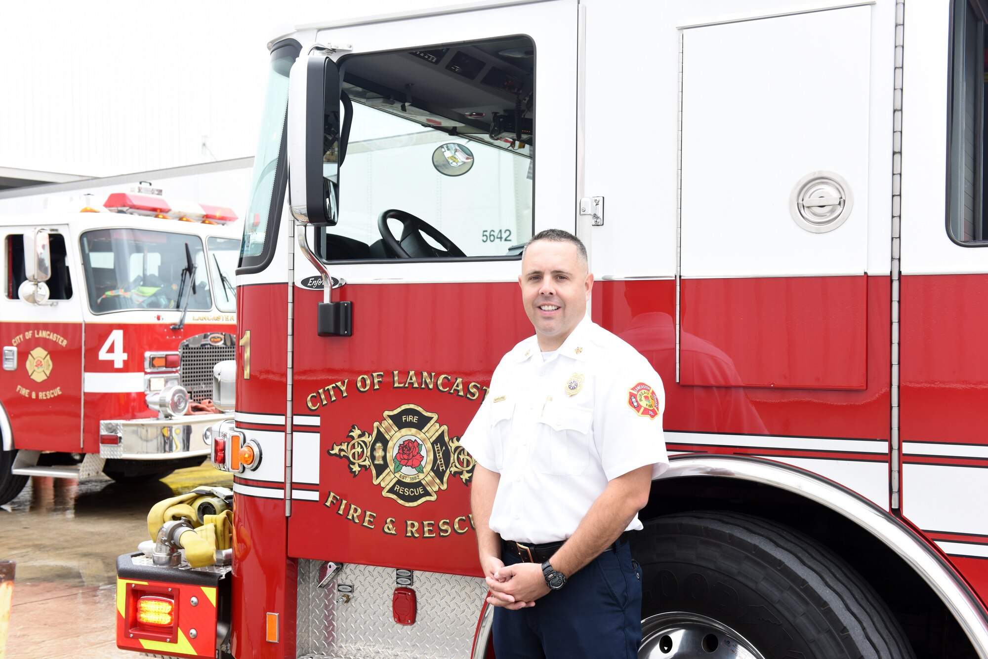Scott Little, fire chief of Lancaster’s Bureau of Fire, poses for a picture Aug. 21, 2018, Lancaster, Pennsylvania. Little is the first fire chief hired from outside of the organization since Lancaster’s Bureau of Fire was organized as a career fire department in 1882. (U.S. Air National Guard photo by Senior Airman Julia Sorber/Released)