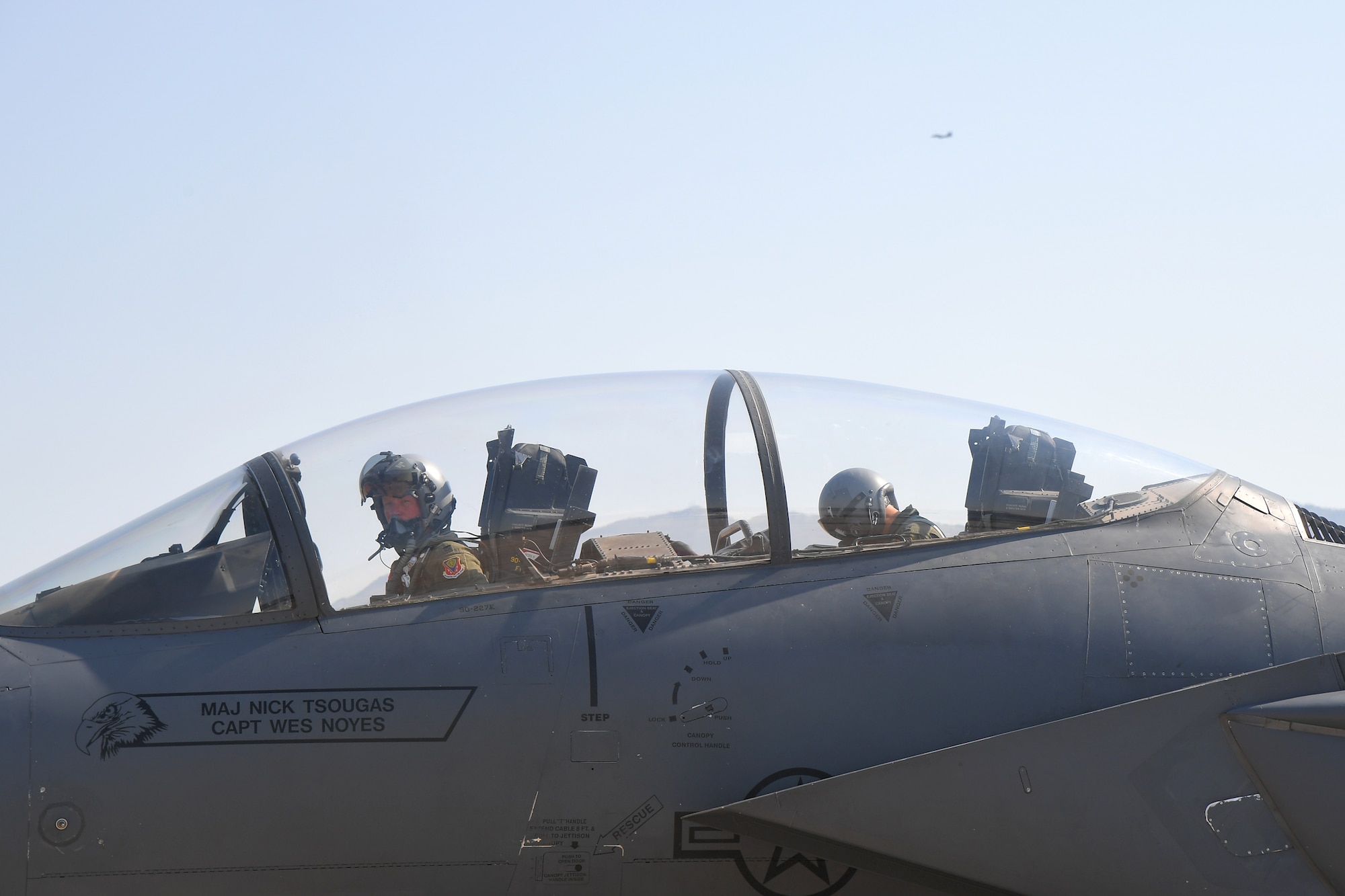 Maj. Nick Tsougas and Capt. Wes Noyes, 389th Fighter Squadron, return training mission Aug. 15, 2018, at Hill Air Force Base, Utah. F-15E Strike Eagles and Airmen from the 389th FS at Mountain Home AFB, Idaho, were at Hill AFB to participate in the Air Force’s Weapons System Evaluation Program known as Combat Hammer. (U.S. Air Force photo by Todd Cromar)