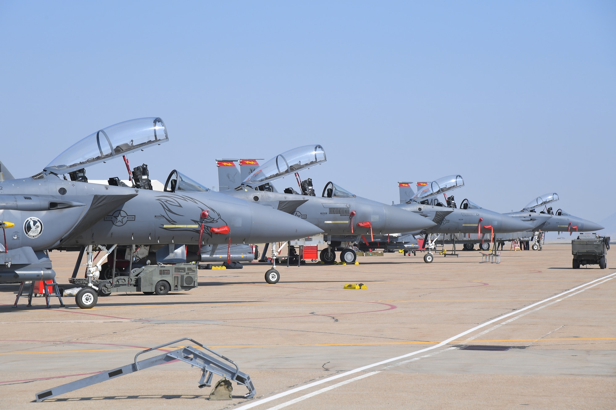 F-15E Strike Eagles from the 389th Fighter Squadron on the ramp, Aug. 15, 2018, at Hill Air Force Base, Utah. The 389th FS from Mountain Home AFB, Idaho, was at Hill AFB to participate in the Air Force’s Weapons System Evaluation Program known as Combat Hammer. (U.S. Air Force photo by Todd Cromar)