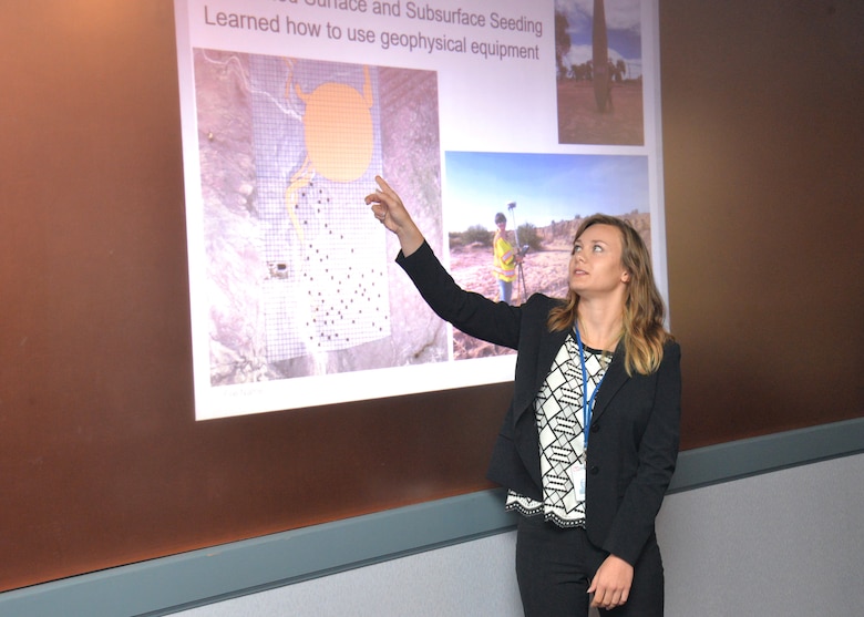 Ellen Haapoja, a student intern with the Engineering Directorate at Huntsville Center, makes a presentation to members of the command and staff of the U.S. Army Engineering and Support Center, Huntsville, July 30. Christian and 10 other students have been working through the summer at Huntsville Center in various departments to build their real-world skills before completing their college degrees.