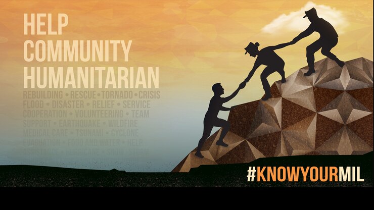 A graphic illustration features three people linking hands to help one another up a hill.