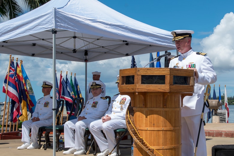 PEARL HARBOR (Aug. 31, 2018) - Cmdr. Brian Turney addresses guests during the change of command ceremony of the Los Angeles-class fast-attack submarine USS Chicago (SSN 721) at the USS Bowfin Submarine Museum and Park in Pearl Harbor, Hawaii, Aug. 31. (U.S. Navy photo by Mass Communication Specialist 2nd Class Shaun Griffin/Released)