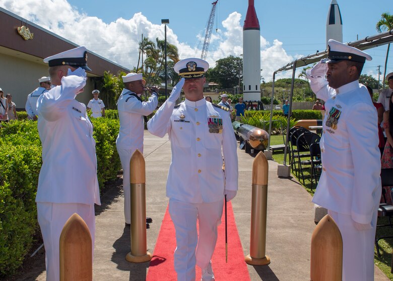 PEARL HARBOR (Aug. 31, 2018) - Cmdr. Chance Litton is piped aboard during the Los Angeles-class fast-attack submarine USS Chicago (SSN 721) change of command ceremony at the USS Bowfin Submarine Museum and Park in Pearl Harbor, Hawaii, Aug. 31. (U.S. Navy photo by Mass Communication Specialist 2nd Class Shaun Griffin/Released)