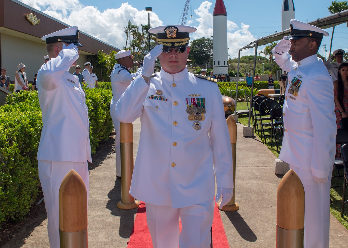 PEARL HARBOR (Aug. 31, 2018) - Cmdr. Brian Turney is piped aboard during the Los Angeles-class fast-attack submarine USS Chicago (SSN 721) change of command ceremony at the USS Bowfin Submarine Museum and Park in Pearl Harbor, Hawaii, Aug. 31. (U.S. Navy photo by Mass Communication Specialist 2nd Class Shaun Griffin/Released)