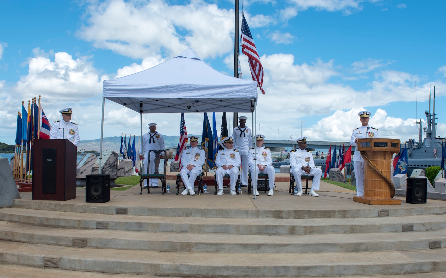 PEARL HARBOR (Aug. 31, 2018) - Cmdr. Chance Litton addresses guests after assuming command of the Los Angeles-class fast-attack submarine USS Chicago (SSN 721) during Chicago’s change of command ceremony at the USS Bowfin Submarine Museum and Park in Pearl Harbor, Hawaii, Aug. 31. (U.S. Navy photo by Mass Communication Specialist 2nd Class Shaun Griffin/Released)