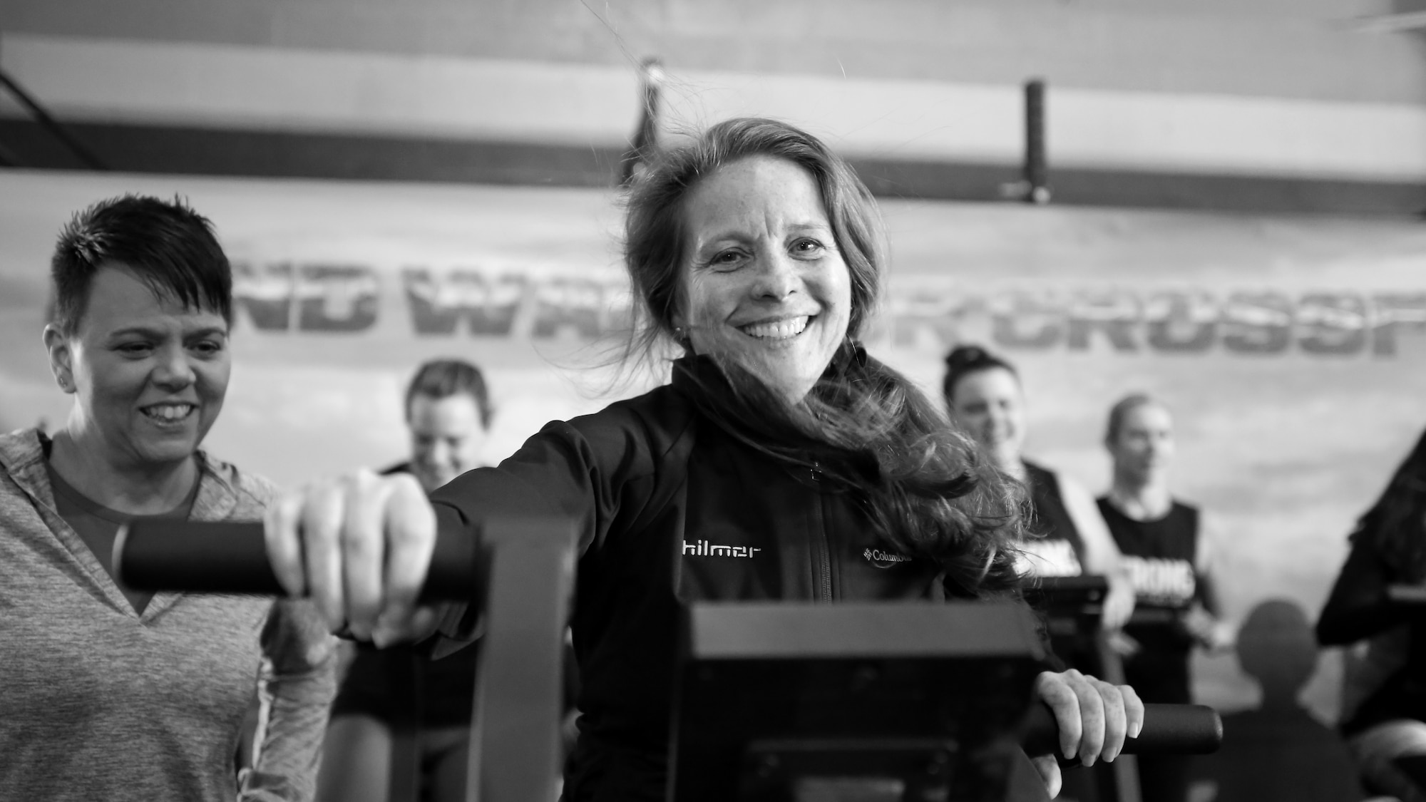 Heather DeLand Chaiffre and Tech. Sgt. Antonieta Ferreia, 104th Comptroller Flight quality assurance Airman, participates in a Strong Camp workout Nov. 10, 2018, in Suffield, Connecticut. The camp was put on by Tech. Sgt. Dacia Lucas, 104th Maintenance Group aircraft engine mechanic, and empowered women through the promotion of resilience. (U.S. Air National Guard photo by Airman 1st Class Randall S. Burlingame)