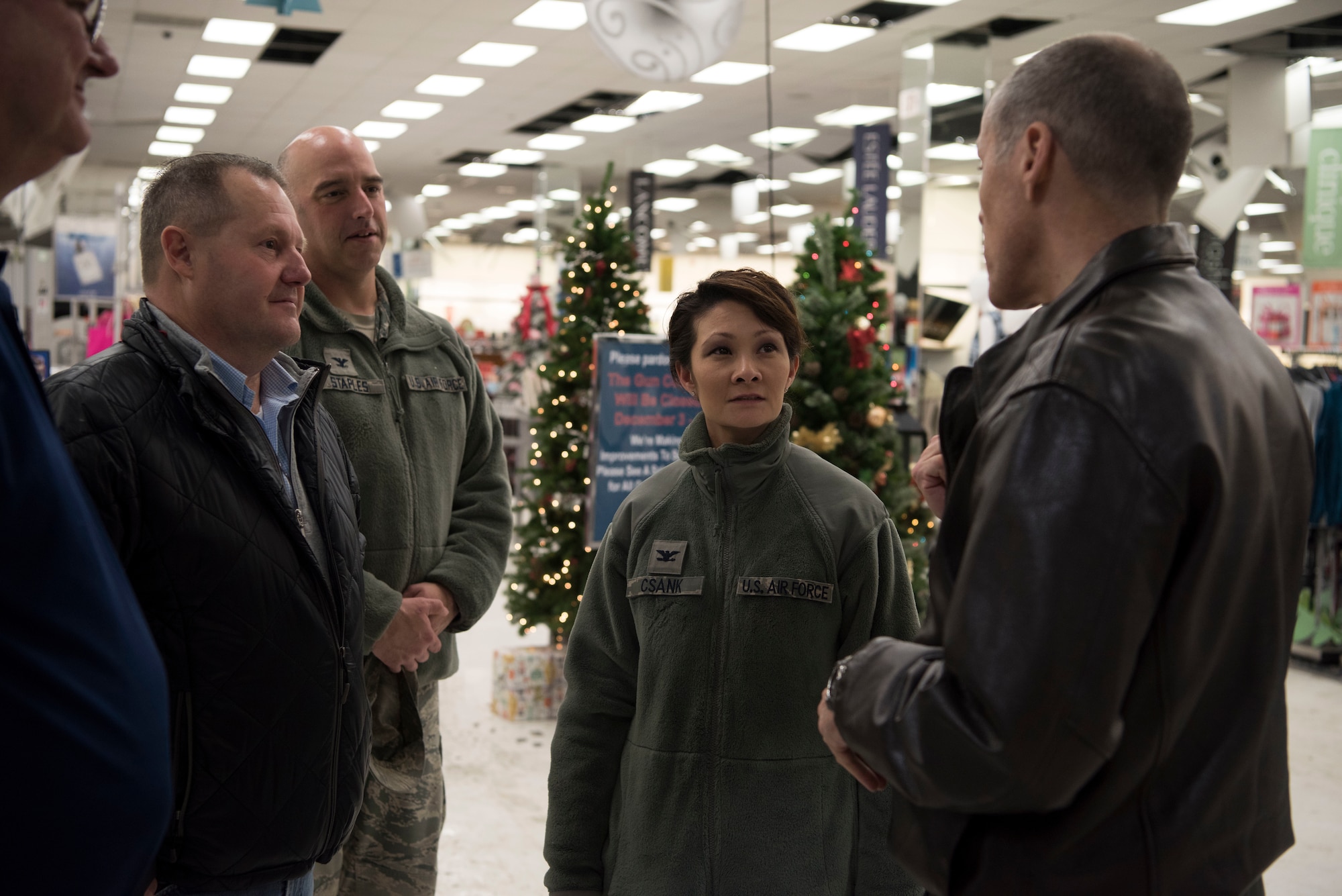 Air Force Lt. Gen. Tom Bussiere, Commander of Alaskan North American Aerospace Defense Command, Alaskan Command, and the Eleventh Air Force, speaks to 673d Air Base Wing Commander Col. Patricia A. Csànk, 673d Civil Engineer Group Commander Col. Michael R. Staples and Army and Air Force Exchange Service store management about the status of the Exchange. In less than 48 hours after the 7.0 magnitude Earthquake striking the Anchorage area at 8:29 a.m. the morning of Nov.30, 2018, JBER is mission ready and capable of resuming regular operations.