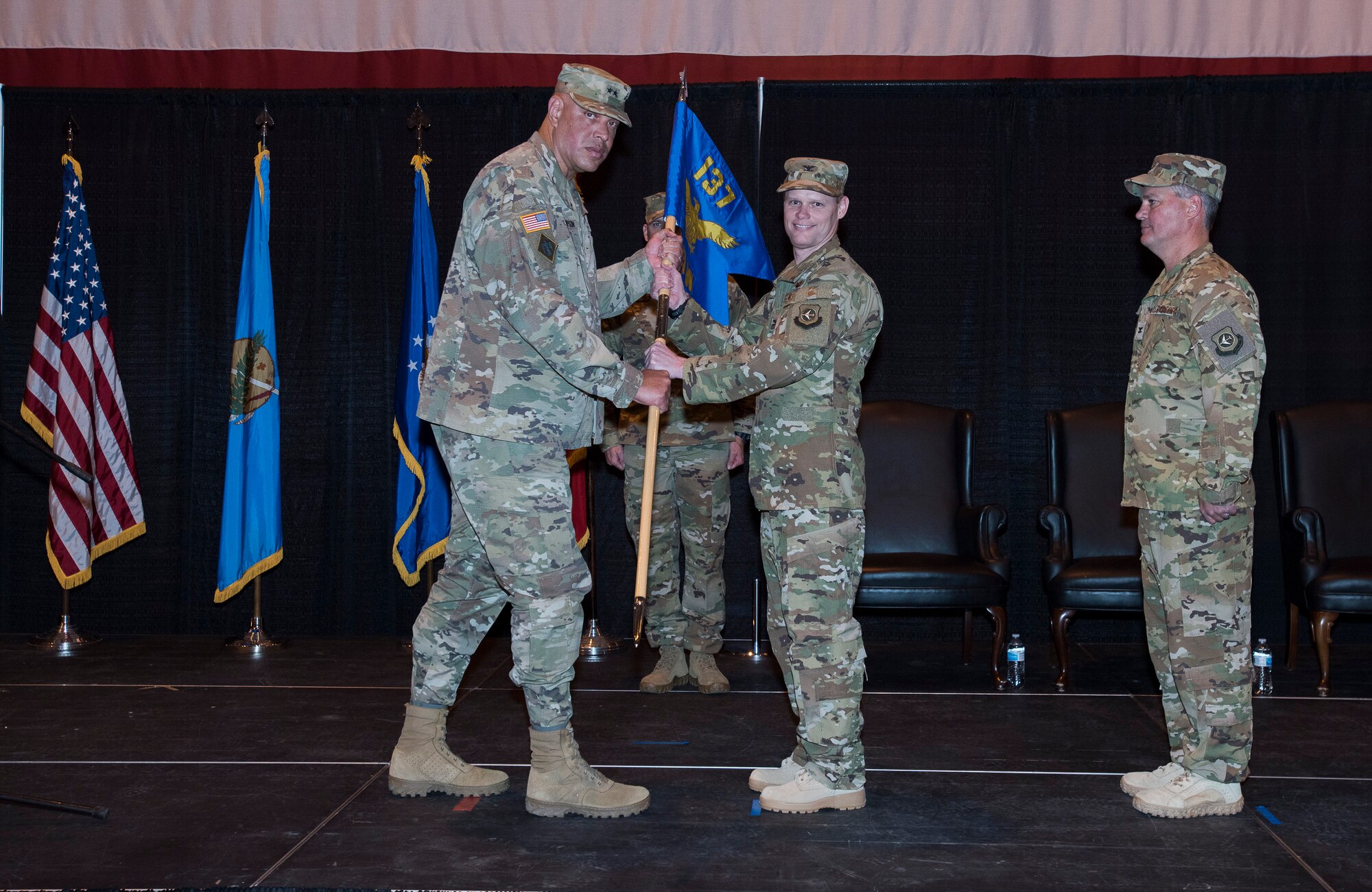U.S. Air Force Col. Daniel R. Fowler assumes command of the 137th Special Operations Wing from U.S. Army Maj. Gen. Michael C. Thompson, Oklahoma Adjutant General at Will Rogers Air National Guard Base, Okla., Dec. 1, 2018. Fowler is the 17th commander of the Wing it its history and is only the second wing commander since coversion to a special operations wing in 2015. (U.S. Air National Guard photo by Tech. Sgt. Caroline Essex/Released)